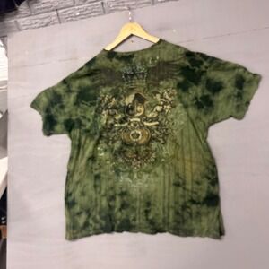 Premium Mens XL Green Tie Dye Graphic T-Shirt Fleur De Lis Wings Studded Y2K